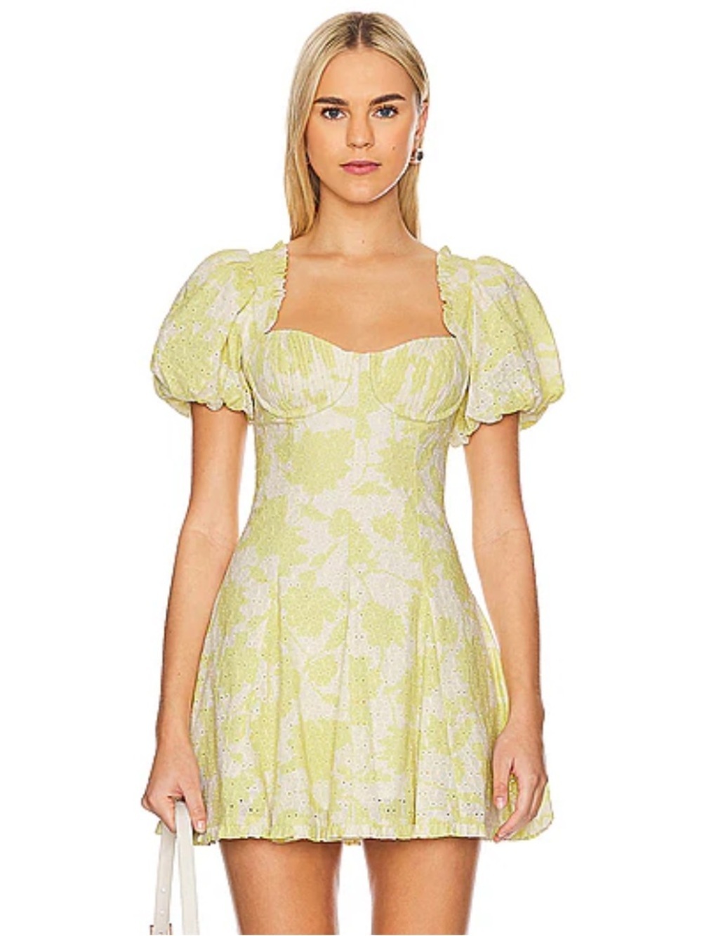 Astr The Label Emmalou Dress Lime White Eyelet Puff Sleeve Mini Revolve S